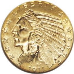 1911 $5 MS65 NGC. This pleasing honey-gold Gem has vib 