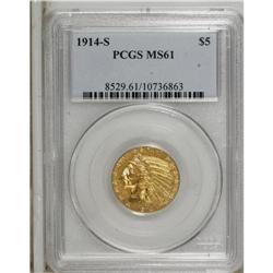 1914-S $5 MS61 PCGS. A solidly struck and bright yello 