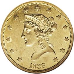 1838 $10 AU50 NGC. The 1838 is a rare and historic iss 