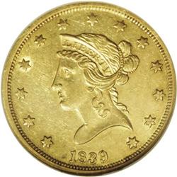 1839 $10 Type of 1838, Large Letters AU58 NGC. This is 