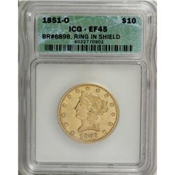 1851-O $10 XF45 ICG. Variety Two, Ring in Shield. Wint 
