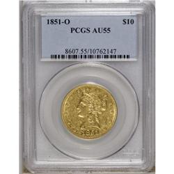 1851-O $10 AU55 PCGS. Luster is seen in the recesses o 