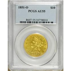1851-O $10 AU55 PCGS. Breen-6898. A shield ring rests 