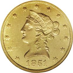 1851-O $10 AU58 NGC. Variety Two, with the date lower 