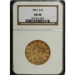 1853 $10 AU58 NGC. This still-lustrous piece has sligh 