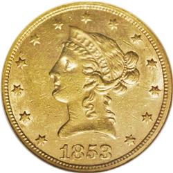 1853/2 $10 AU58 NGC. FS-007. This overdate was not dis 