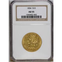 1854 $10 AU55 NGC. Generally well defined, save for mi 