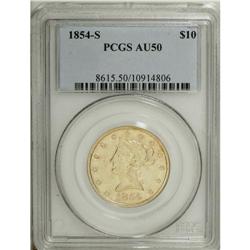 1854-S $10 AU50 PCGS. Bright luster illuminates protec 