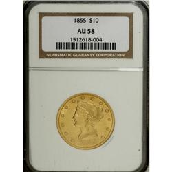 1855 $10 AU58 NGC. Well struck, except for the obverse 