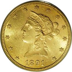 1891-CC $10 MS62 PCGS. This issue, from a mintage of 1 