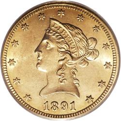 1891-CC $10 MS62 PCGS. The most common CC-mint eagle, 