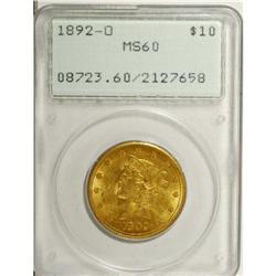 1892-O $10 MS60 PCGS. A lustrous and original yellow-g 
