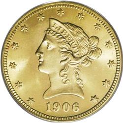 1906 $10 MS65 PCGS. Well struck except for minor weakn 