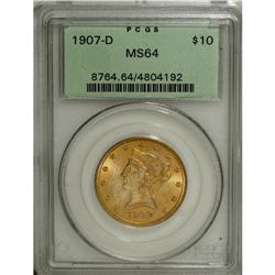 1907-D $10 MS64 PCGS. Variegated orange-gold and mint- 