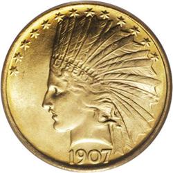 1907 $10 No Periods MS63 PCGS. A beautiful lemon-tinte 
