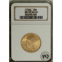 1908 $10 Motto MS62 NGC. Smooth, satiny yellow-gold su 