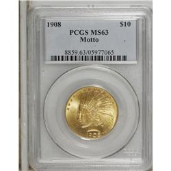 1908 $10 Motto MS63 PCGS. This vivid canary-gold repre 