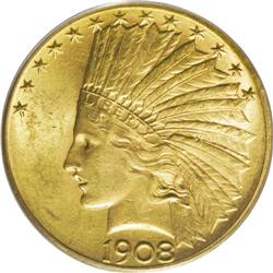 1908-D $10 Motto MS63 PCGS. Bright and satiny, this pl 