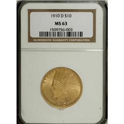 1910-D $10 MS63 NGC. Matte-like surfaces display vibra 