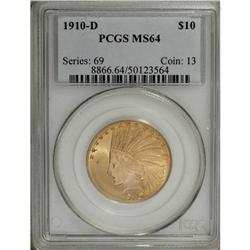 1910-D $10 MS64 PCGS. Choice with attractive, satiny l 