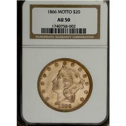 1866 $20 AU50 NGC. FS-G20-1866-801. IN GOD WE TRUST ex 
