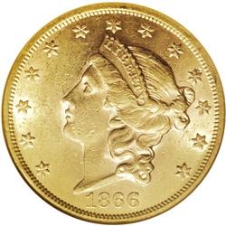 1866 $20 AU58 NGC. FS-G20-1866-801. IN GOD is die doub 