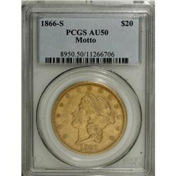 1866-S $20 Motto AU50 PCGS. Traces of luster are seen 