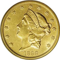 1866-S $20 Motto AU55 PCGS. This relatively high-minta 