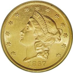 1867 $20 AU58 PCGS. Orange-gold surfaces offer brillia 