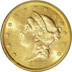 1867 $20 MS62 PCGS. The intense mint luster and rich h 