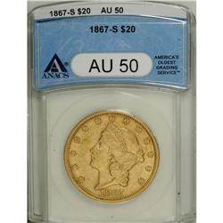 1867-S $20 AU50 PCGS. A partly lustrous and undipped g 