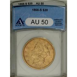 1868-S $20 AU50 ANACS. Traces of luster are visible in 