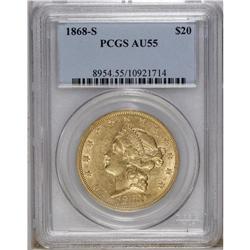 1868-S $20 AU55 PCGS. A well struck and still-lustrous 