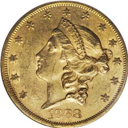 1868-S $20 AU58 PCGS. A scarce issue in AU, the 1868-S 