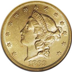 1869 $20 AU55 NGC. This is a bright, honey-gold coin, 