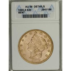 1869-S $20 --Bent--ANACS. AU58 Details. No bend is read 
