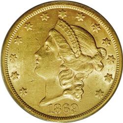 1869-S $20 AU58 PCGS. Gold coins dated between 1873 an 