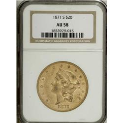 1871-S $20 AU58 NGC. This nearly Mint State Type Two e 