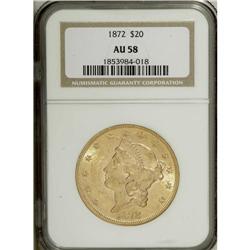 1872 $20 AU58 NGC. This well struck yellow-gold piece 