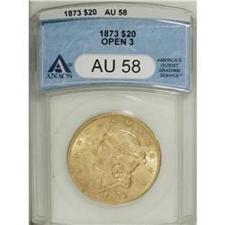 1873 $20 Open 3 AU58 ANACS. Bright peach-gold surfaces 