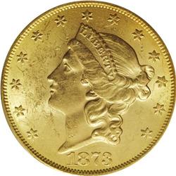 1873 $20 Open 3 MS62 PCGS. Lustrous orange-gold surfac 