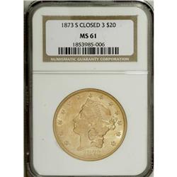 1873-S $20 Closed 3 MS61 NGC. This honey-gold double e 