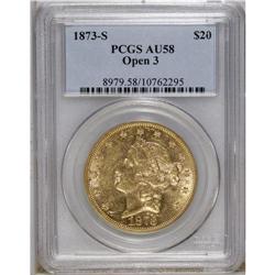 1873-S $20 Open 3 AU58 PCGS. Ample luster is retained 