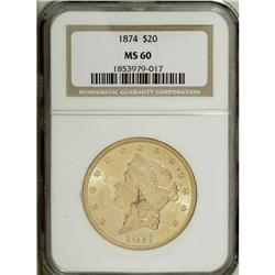 1874 $20 MS60 NGC. Vivacious luster ensures the eye ap 