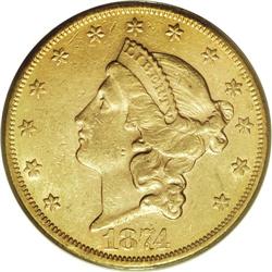 1874-CC $20 AU53 PCGS. Ample orange-tinged luster conf 