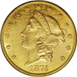 1874-CC $20 AU58 PCGS. For an early date among Carson 