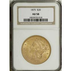 1875 $20 AU58 NGC. This sun-gold Borderline Uncirculat 