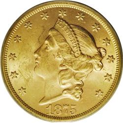 1875 $20 MS63 PCGS. A small hoard of 1875 double eagle 
