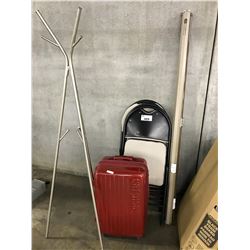 LOT OF 4 FOLDING  CHAIRS, 1 PROJECTOR SCREEN, COAT TREE AND RED SUITCASE