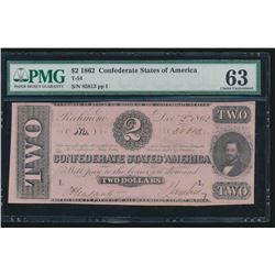 1862 $2 Confederate States of America T-54 PMG 63